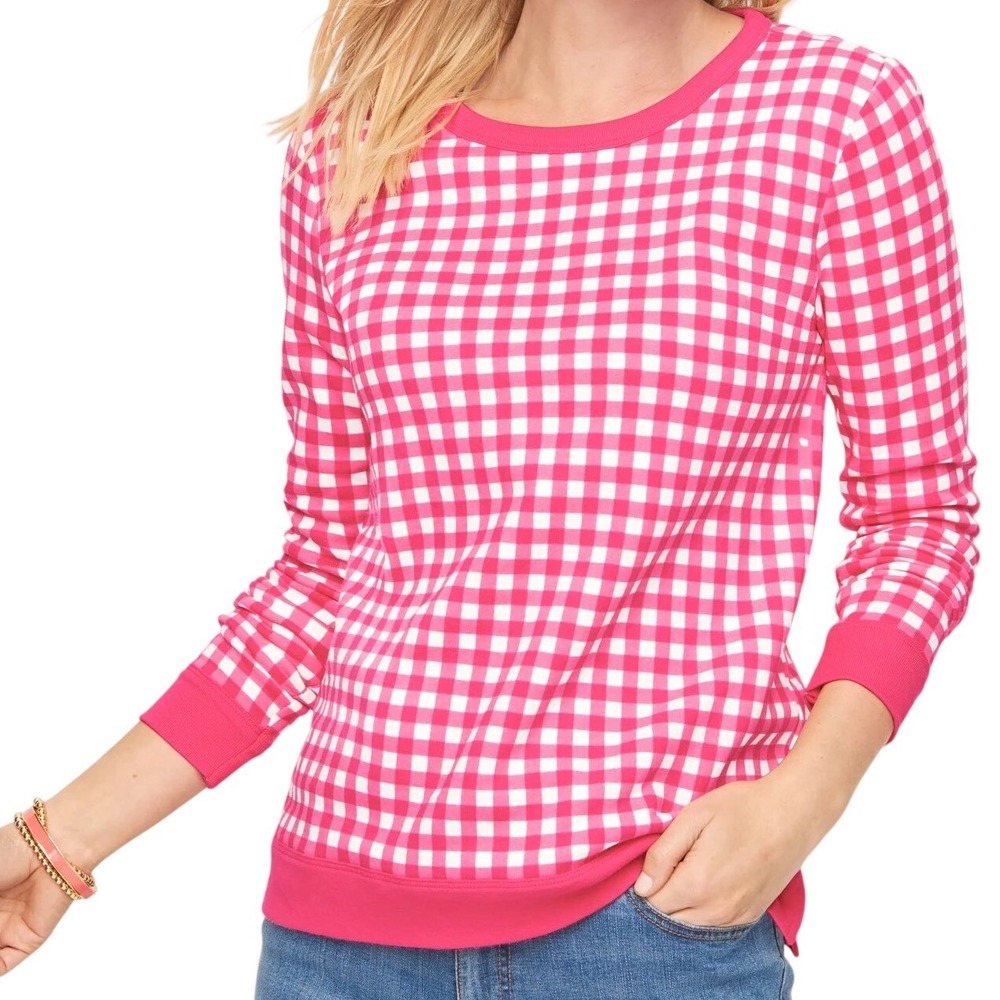 Talbots Women's Gingham Check Crew Neck Sweatshirt Pink White‎ Size 2X Casual